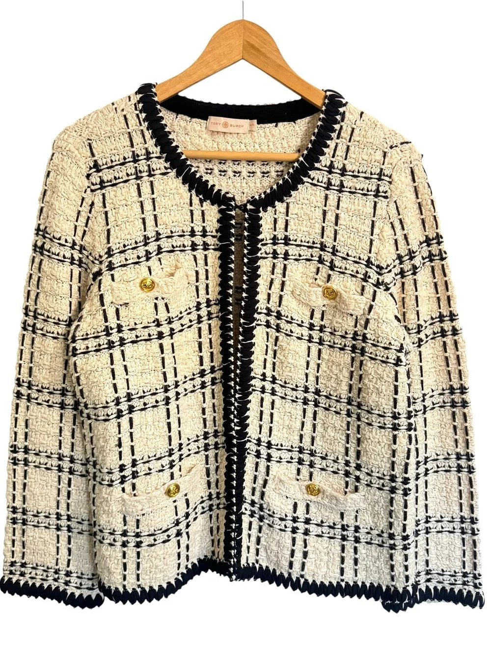 Tory Burch Kendra Chiffon-Trimmed Linen Blend Tweed Jacket Cream Black XL